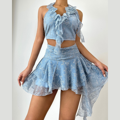 Halter flower applique ruffle irregular mini skirt set  | Festival Outfits Women