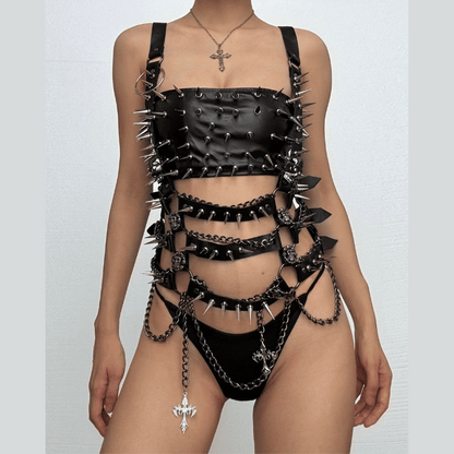 PU leather rivet applique metal chain o ring tube top  | Festival Outfits Women