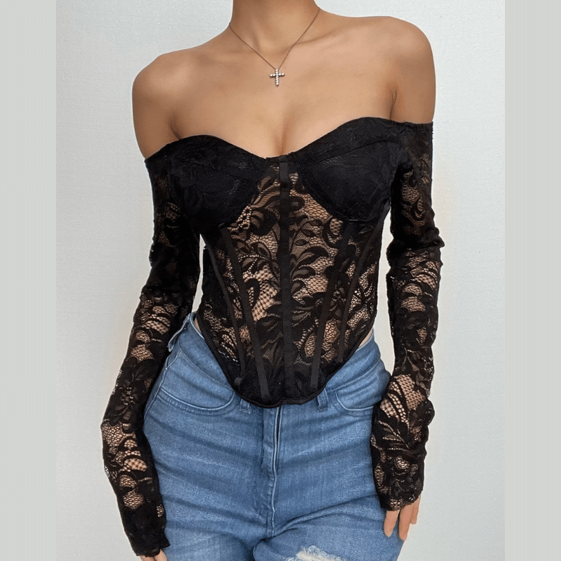Lace solid long sleeve corset off shoulder top  | Festival Outfits Women