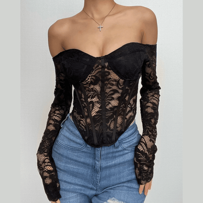 Lace solid long sleeve corset off shoulder top  | Festival Outfits Women