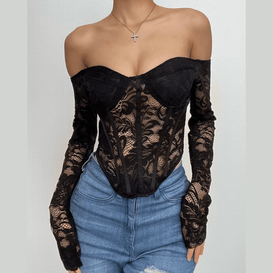 Lace solid long sleeve corset off shoulder top  | Festival Outfits Women