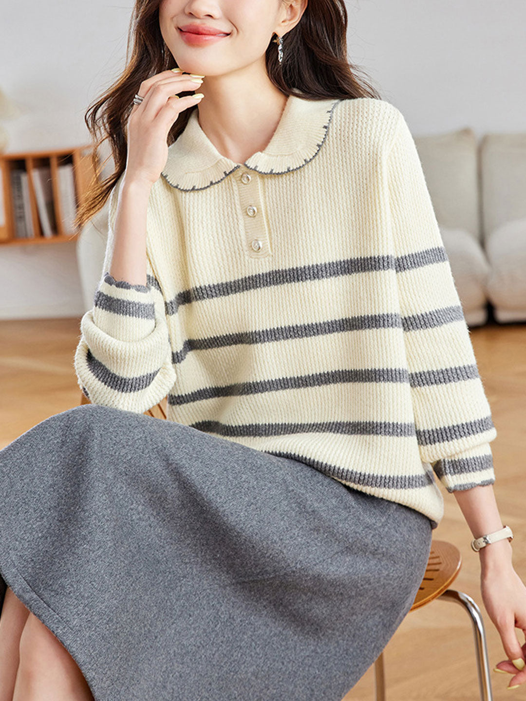 Sophie Loose Doll Collar Striped Knitted Sweater