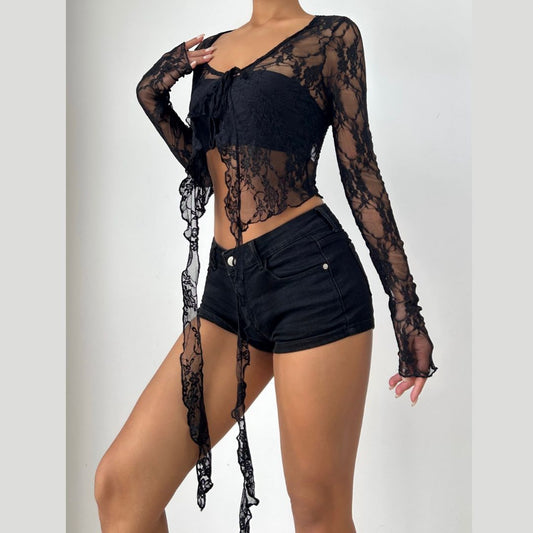 Long sleeve lace ruffle self tie top  | Festival Outfits Women