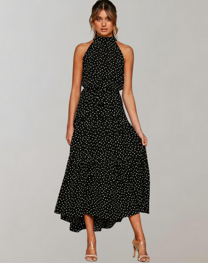Vestido largo informal con cuello halter y estampado de lunares para mujer | Ideal para primavera/verano