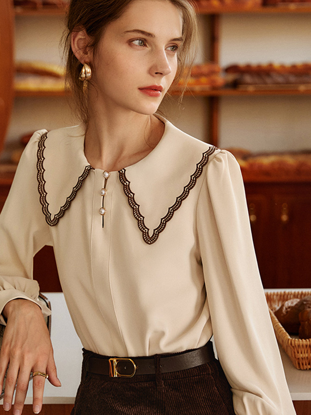 Lauren French Style Embroidered Doll collar Chiffon Blouse