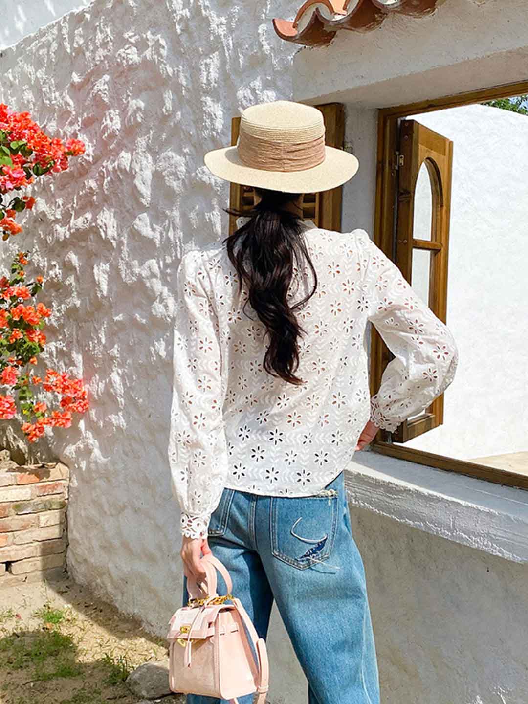 Julia Elegant V-Neck Puff Sleeve Embroidered Top