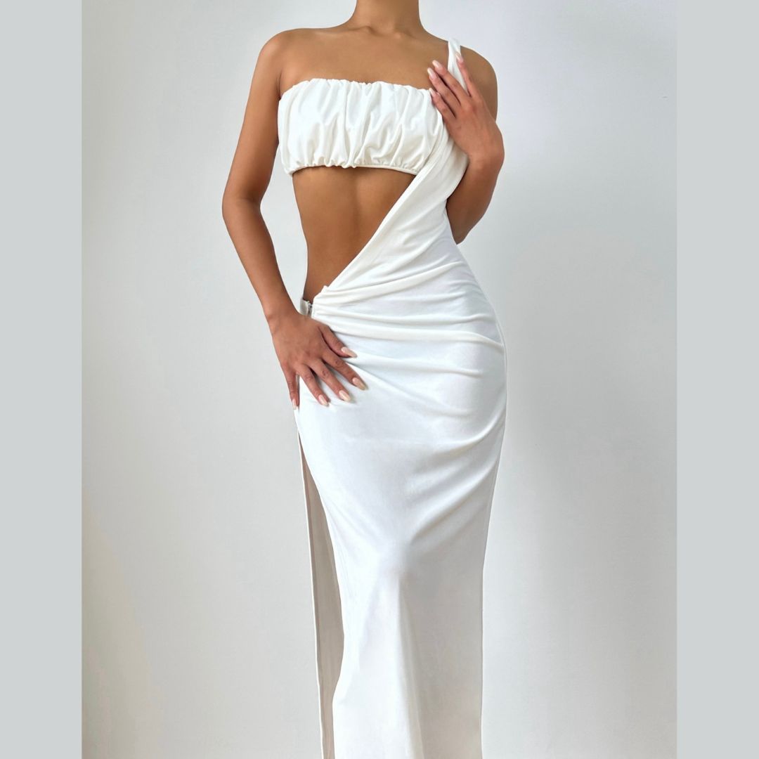 One shoulder hollow out slit zip-up cut out maxi dress  | Festival Outfits Women