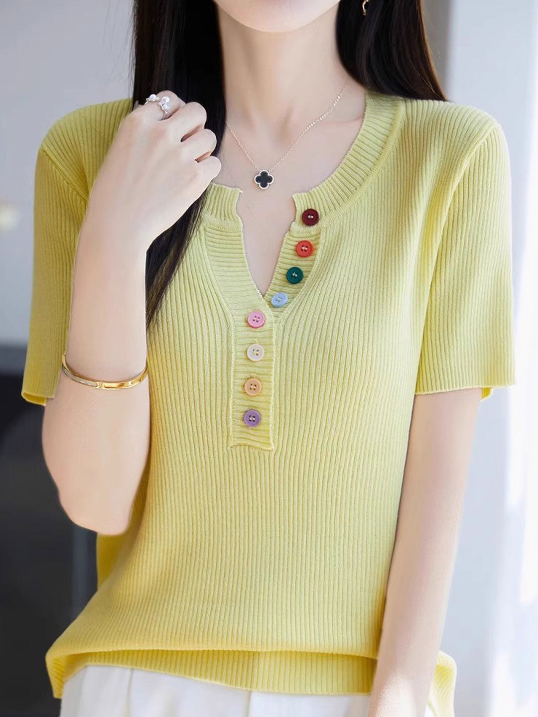 Mariah Loose Color Button Solid Color Top