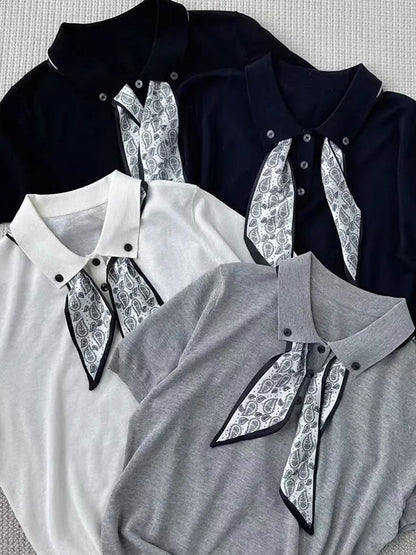 Maria Elegant Polo Collar Knitted Top-Navy Blue