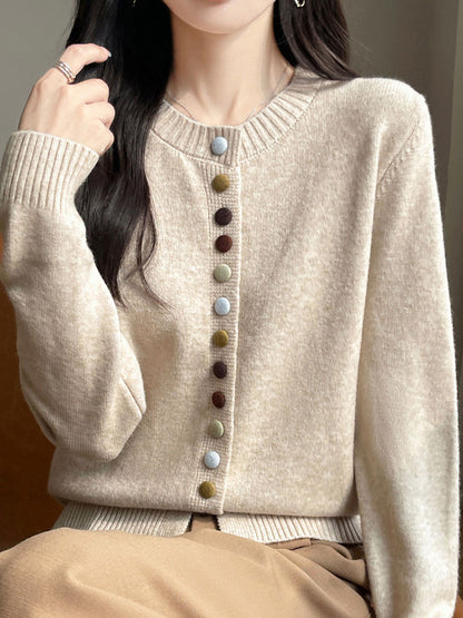 Sophia Classic Crew Neck Colorful Button Knitted Cardigan-Apricot