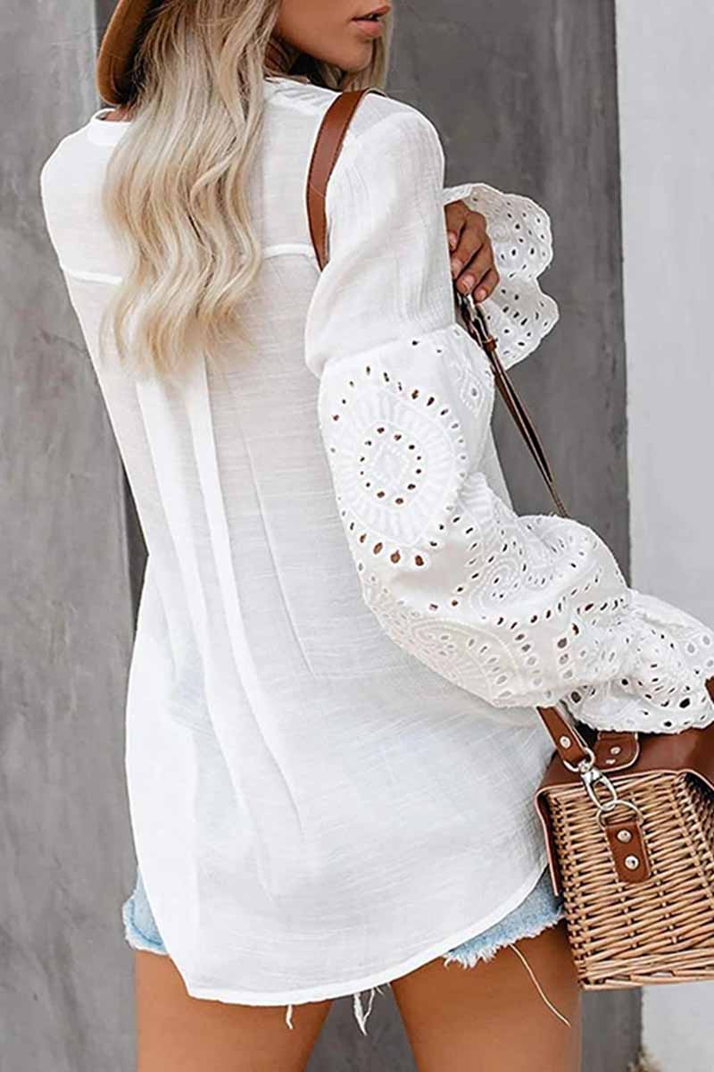 V-Neck Single Breasted Loose Flared Long Sleeves Tops