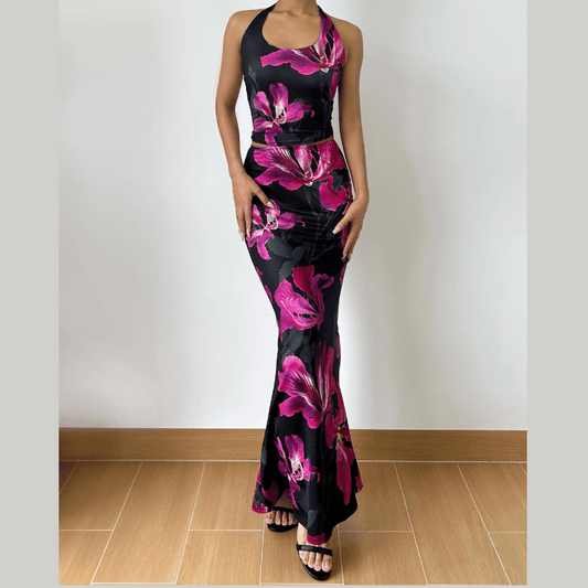 Halter self tie u neck flower print maxi skirt set  | Festival Outfits Women