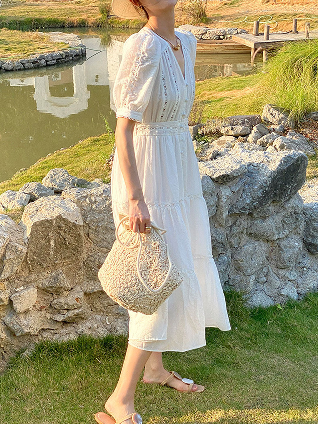 Zoey Elegant V-neck Puff Sleeve Hollowed Dress