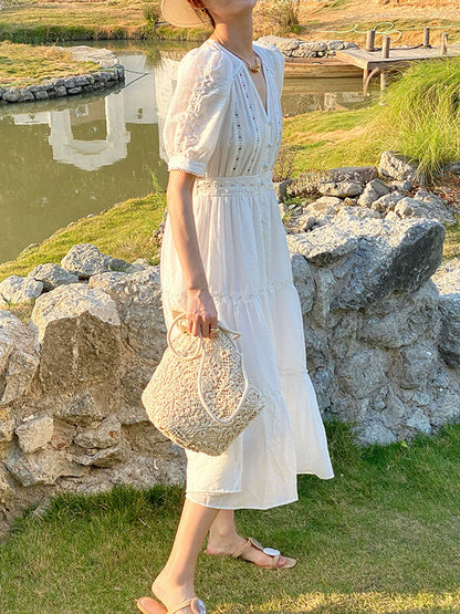 Zoey Elegant V-neck Puff Sleeve Hollowed Dress