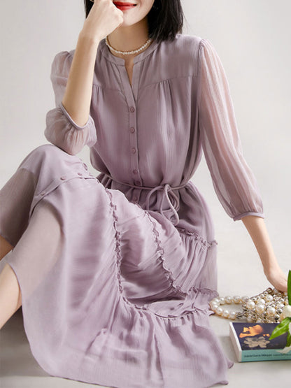 Sophie Elegant Pleated Tie Dress-Blue