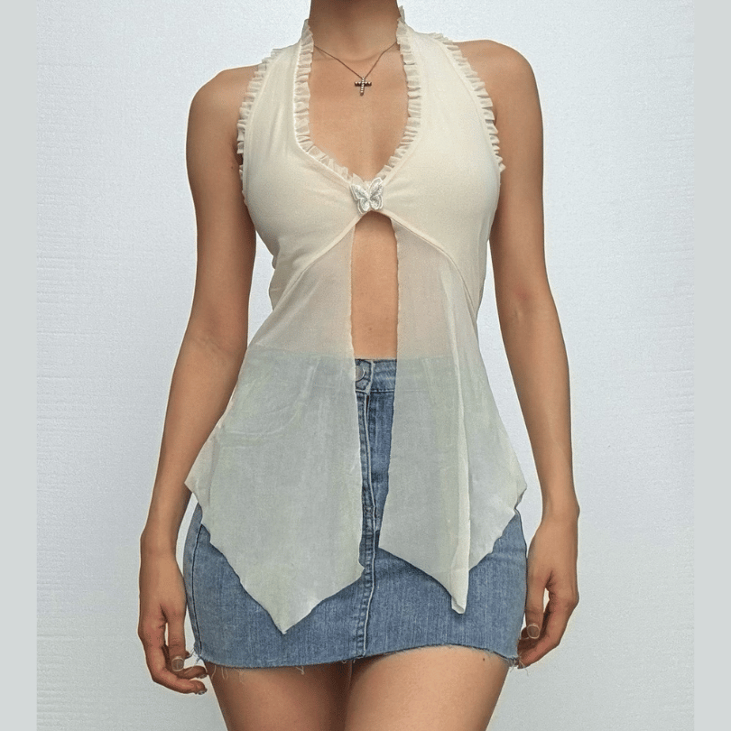 Halter lace hem ruffle butterfly embroidery mesh top  | Festival Outfits Women