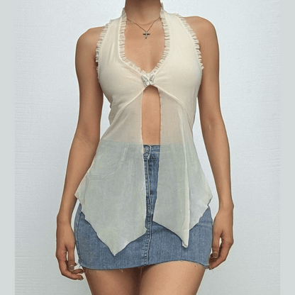 Halter lace hem ruffle butterfly embroidery mesh top  | Festival Outfits Women