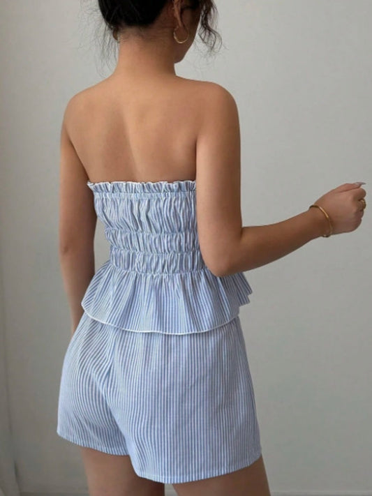 Strapless Striped Ruffled Crop Top And Elastic Waist Shorts Two-piece Set