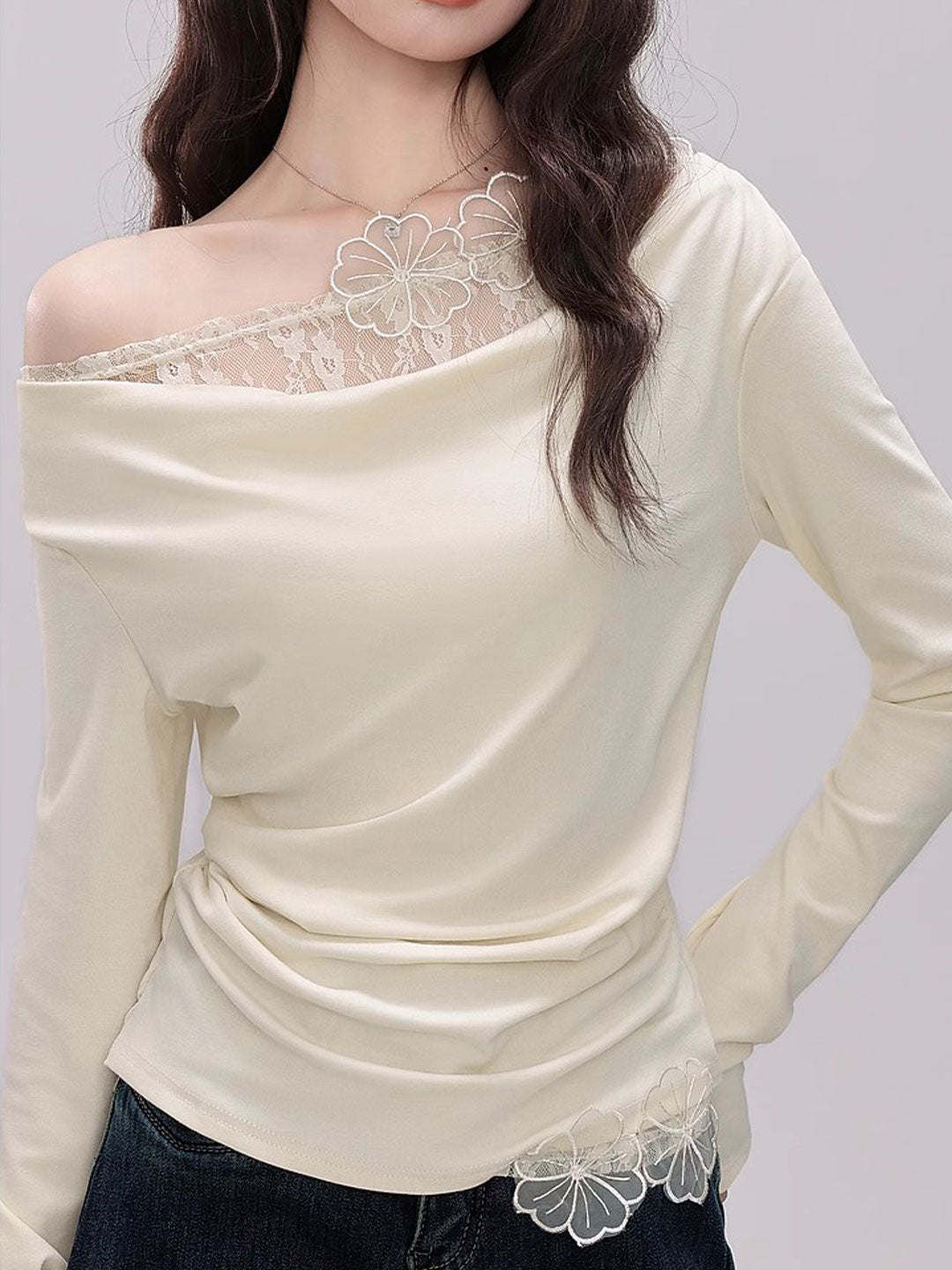 Julia Slim Swing Collar Dimensional Flower Patchwork Top