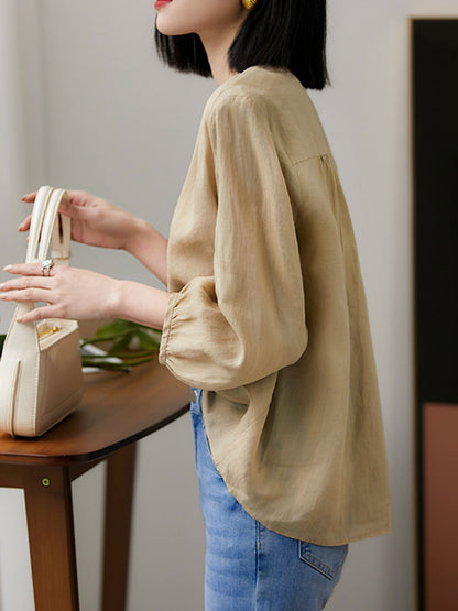 Molly Elegant Puff Sleeve Loose Shirt-Brown