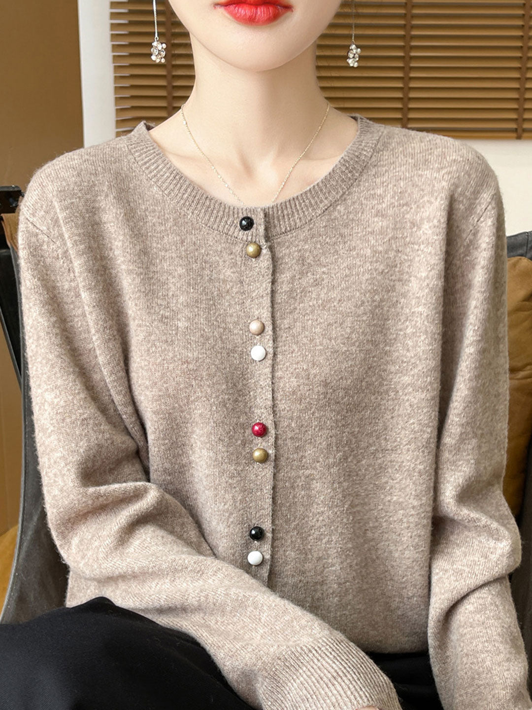 Mya Loose Crew Neck Solid Color Knitted Cardigan-Red