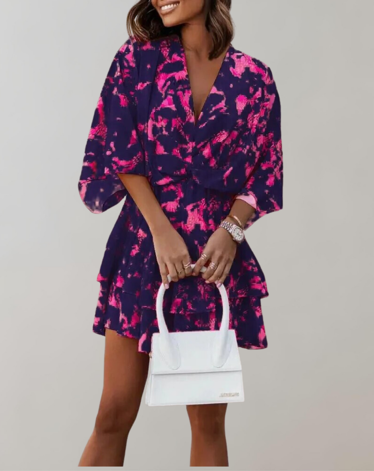 Vestido midi clásico con cuello en V y mangas murciélago para mujer | Ideal para primavera/verano