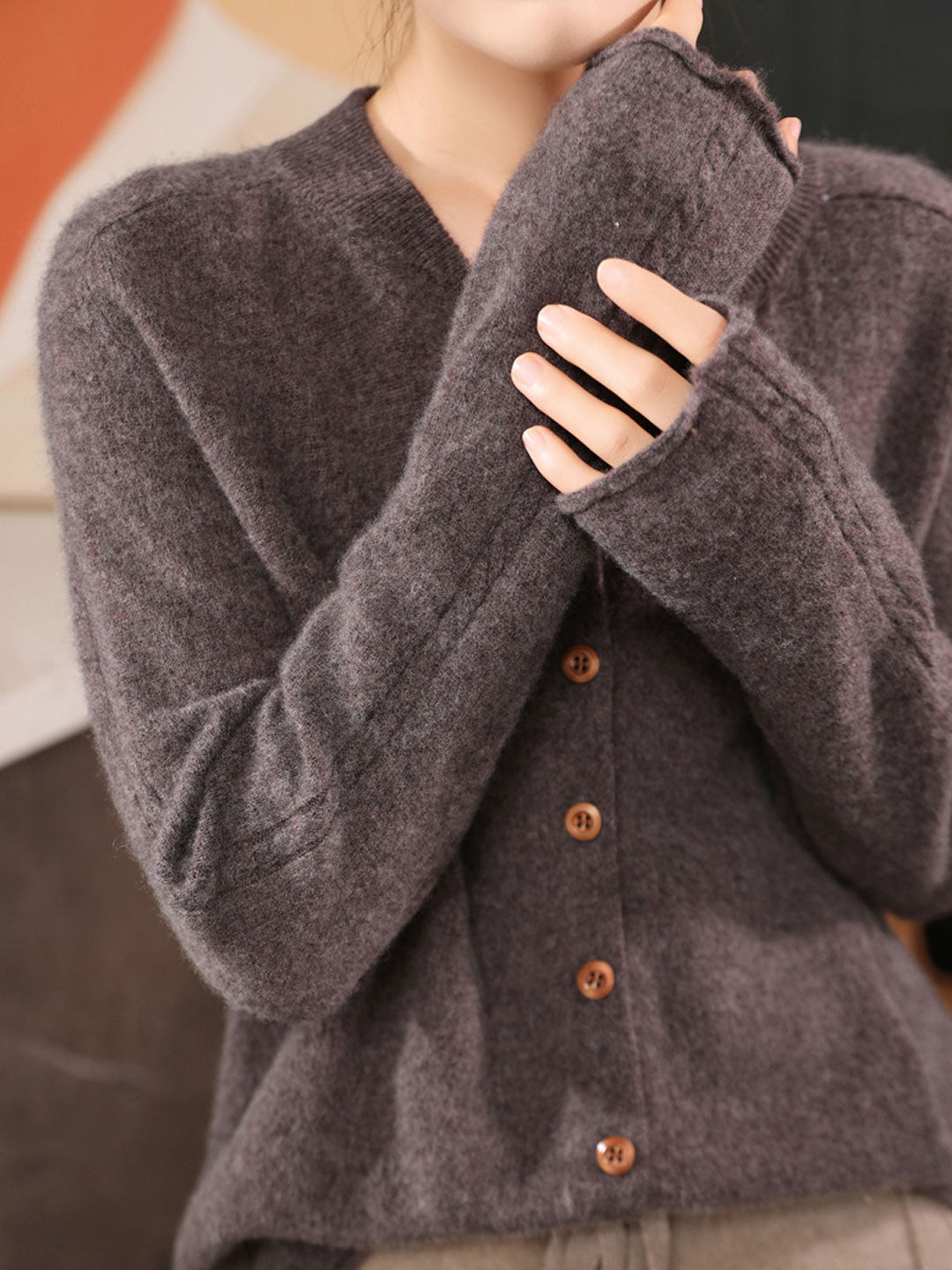 Natalie Classic Crew Neck Solid Color Knitted Cardigan-Red