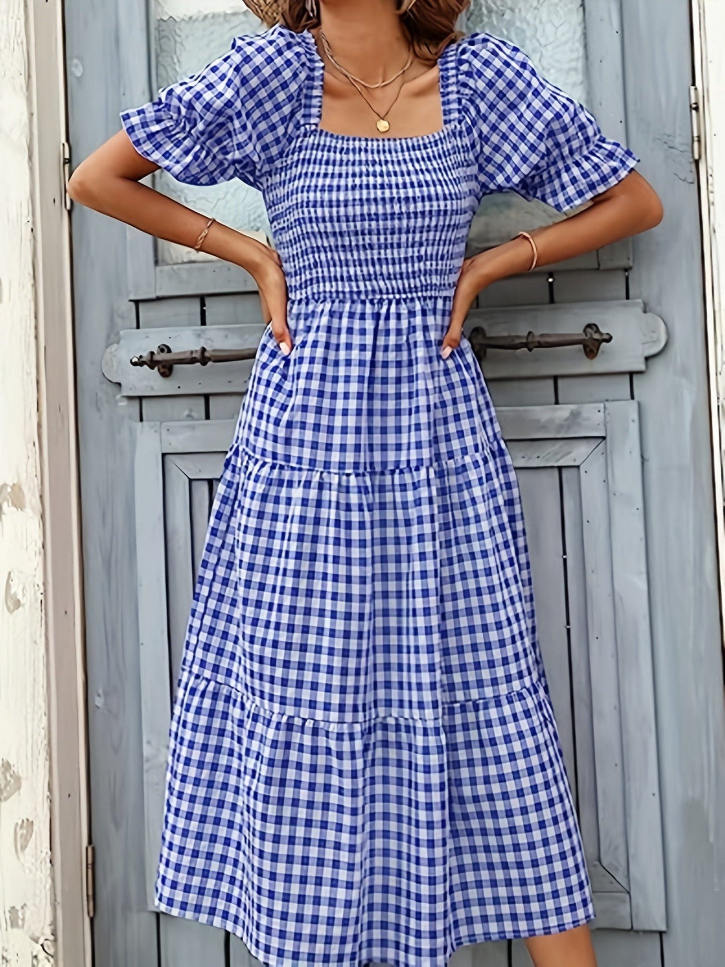 Plaid Puff Sleeve U-neck Mini&Short Dresses