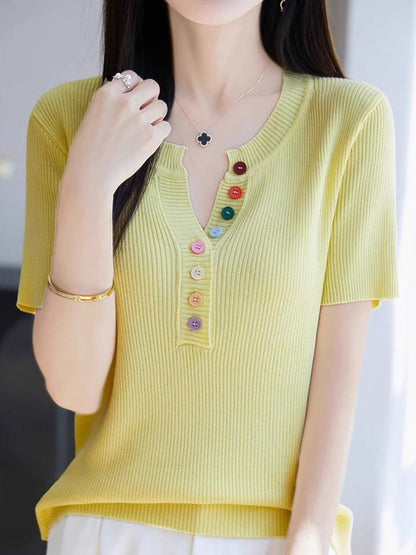 Mariah Loose Color Button Solid Color Top