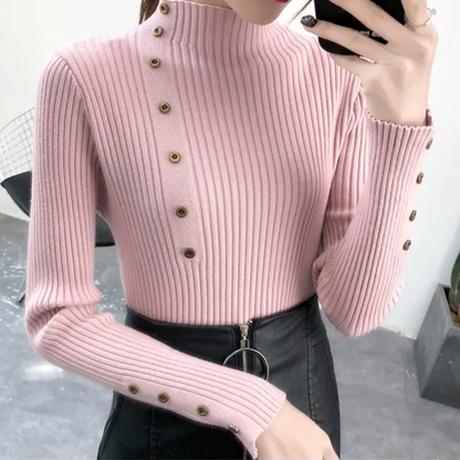 Jersey de cuello alto ajustado de punto elástico para mujer con botones | Ideal para otoño/invierno