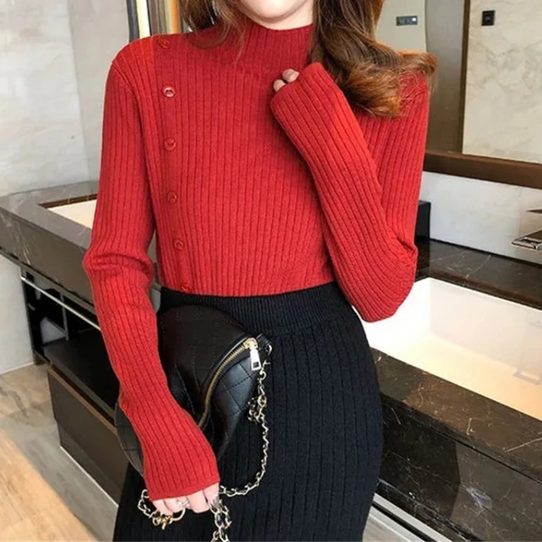 Elegante jersey de punto de cuello alto para mujer con botón y abertura | Ideal para otoño/invierno