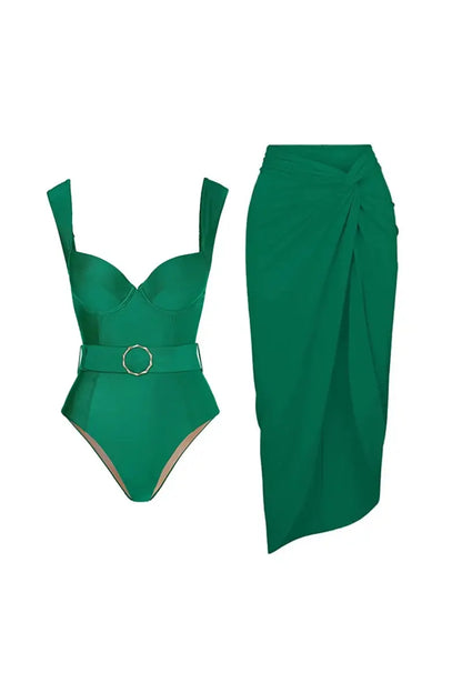 Elegante conjunto de traje de baño verde sin espalda