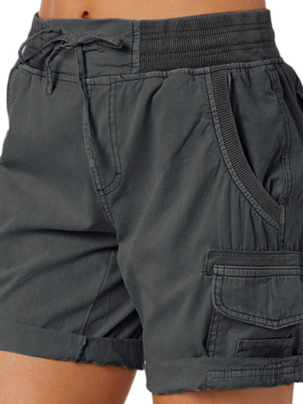 Solid Elastic Waist Multi Pocket Drawstring Shorts
