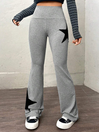 Star Print Highly Elastic High Rise Flare Leg Pants