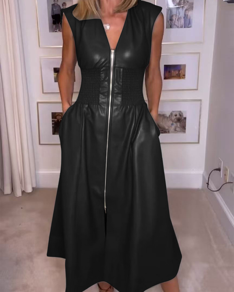 PU Zipper Waist Long Dress