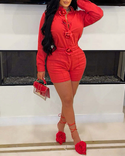 Solid Color Floral Shorts Set