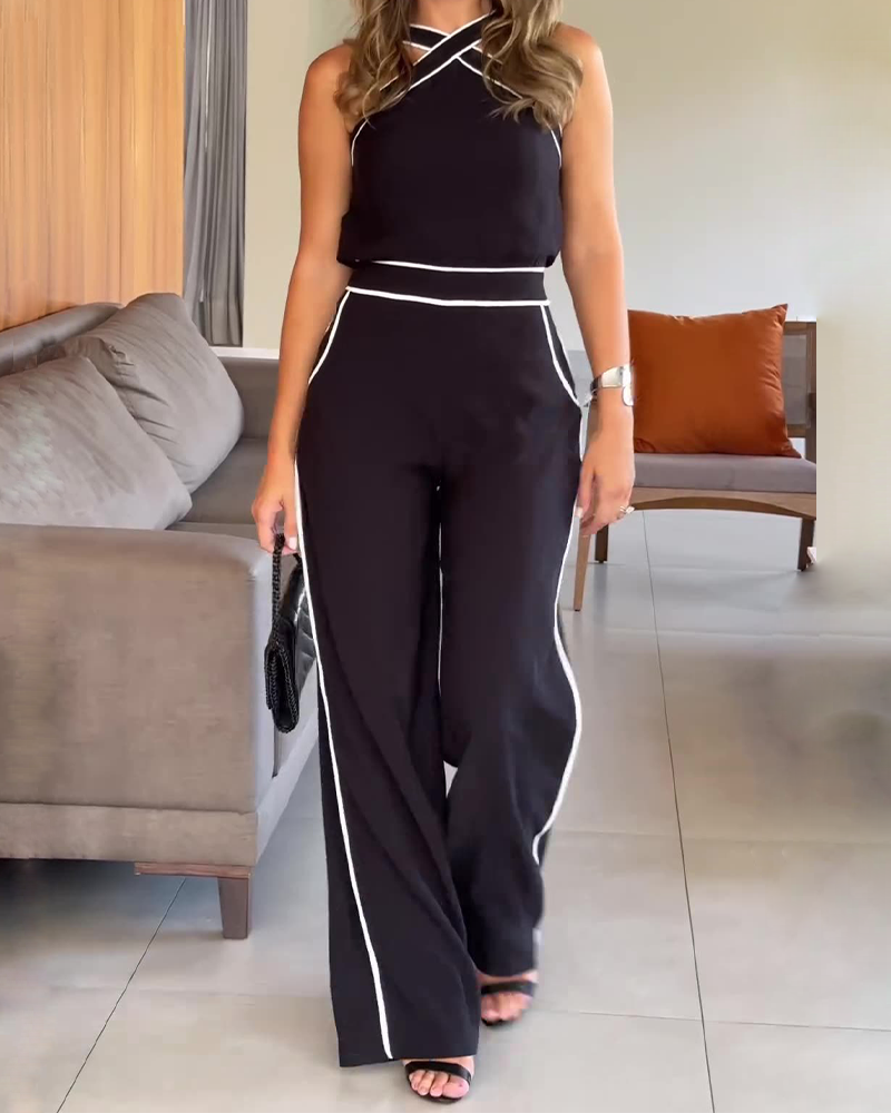 Colorblock Wide-Leg Halterneck Suit