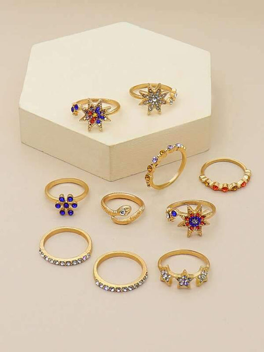 10pcs Rhinestone Decor Star Shaped Ring for Women