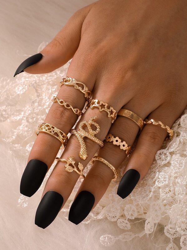 10pcs Serpentine & Leaf Design Ring for Women