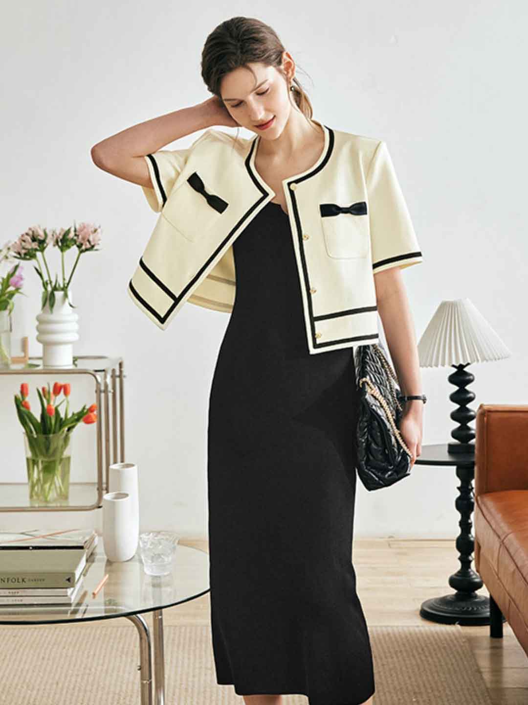 Layla Elegant Contrast Color Bow Pocket Cardigan