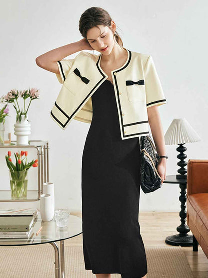 Layla Elegant Contrast Color Bow Pocket Cardigan