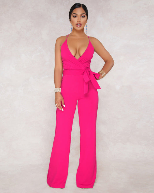 Summer Popular Classic Solid Color V neck Brace Jumpsuit