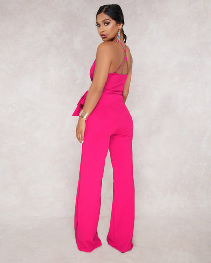 Summer Popular Classic Solid Color V neck Brace Jumpsuit