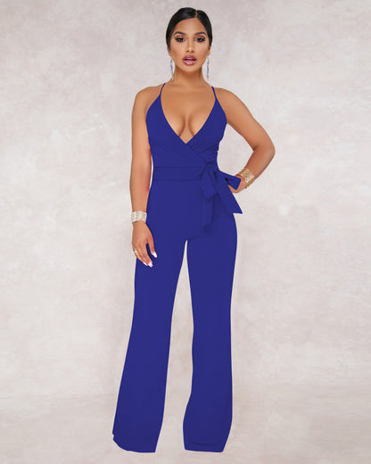 Summer Popular Classic Solid Color V neck Brace Jumpsuit