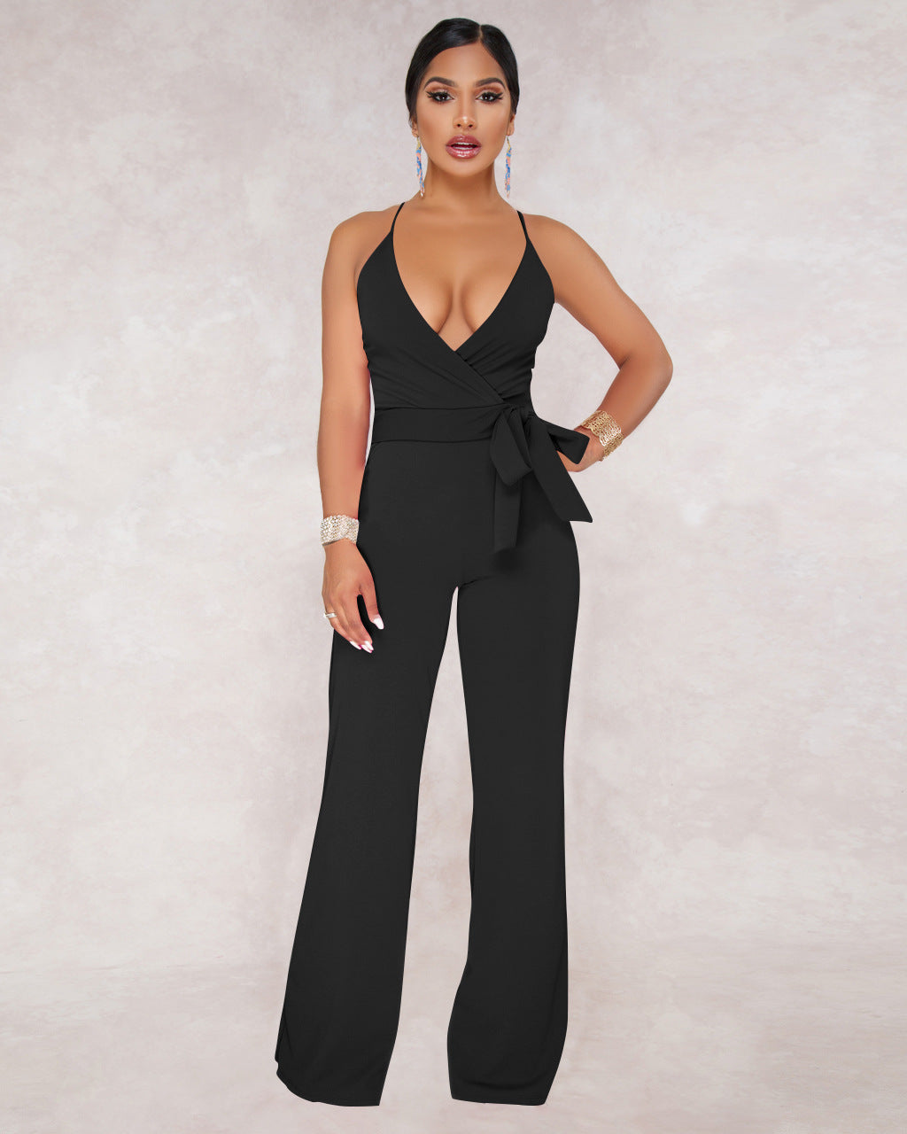 Summer Popular Classic Solid Color V neck Brace Jumpsuit