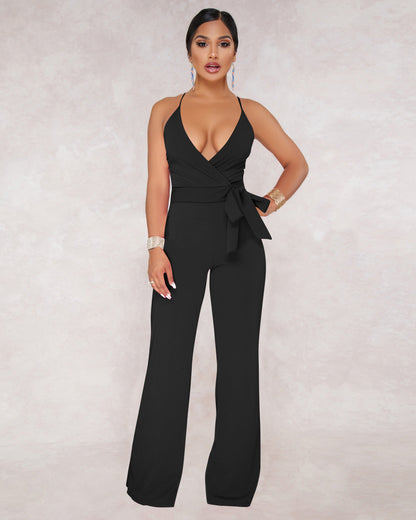 Summer Popular Classic Solid Color V neck Brace Jumpsuit