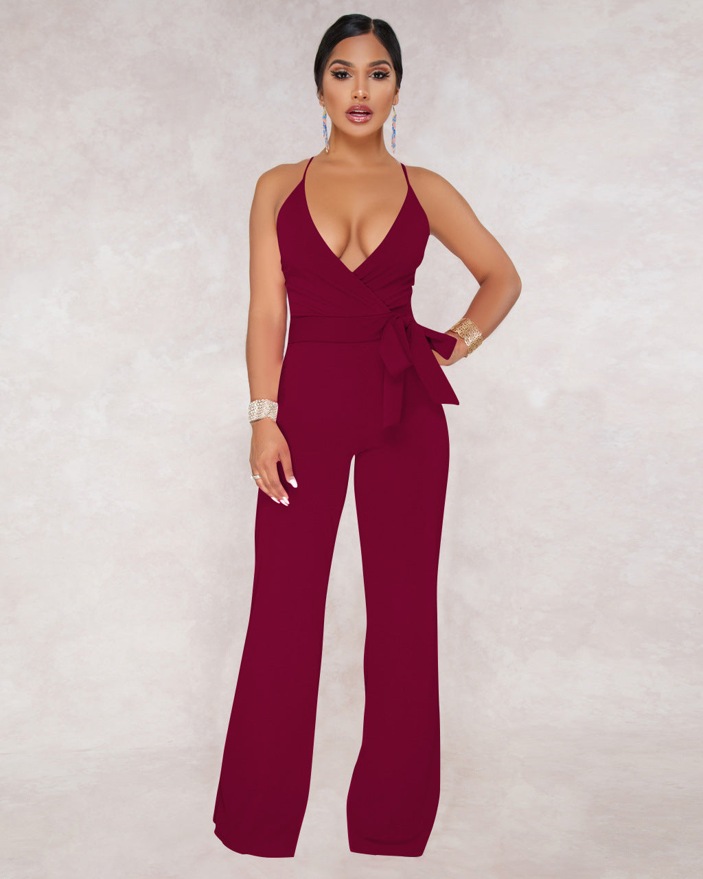 Summer Popular Classic Solid Color V neck Brace Jumpsuit