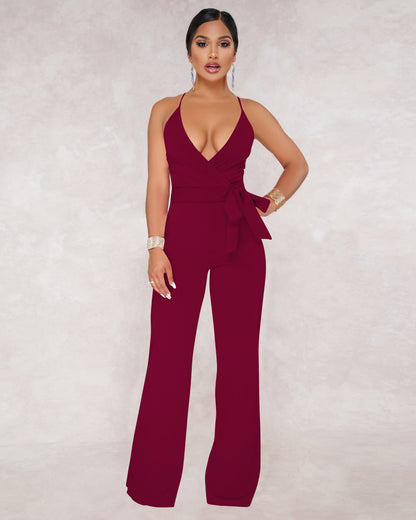 Summer Popular Classic Solid Color V neck Brace Jumpsuit
