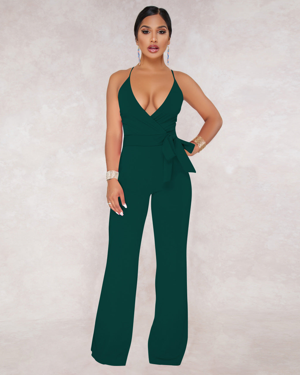 Summer Popular Classic Solid Color V neck Brace Jumpsuit