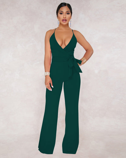 Summer Popular Classic Solid Color V neck Brace Jumpsuit